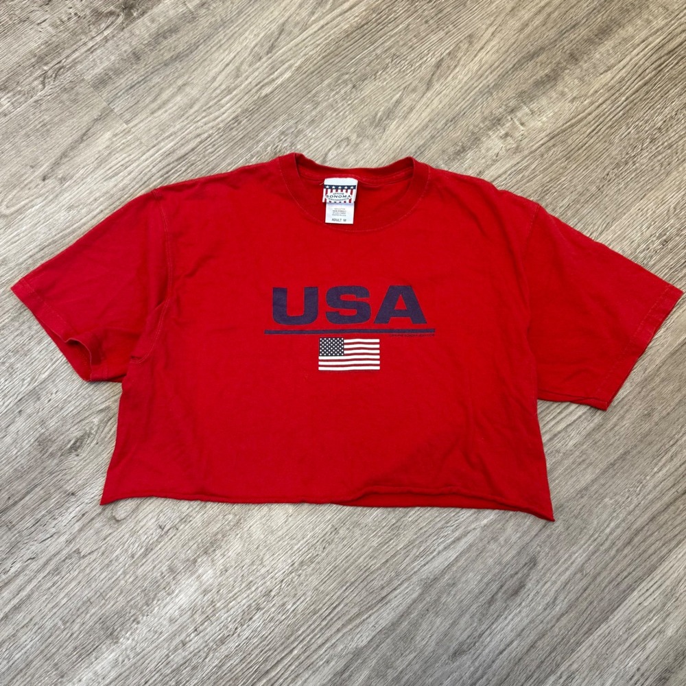 USA America Flag Graphic Crop Top Red Short Sleeve T-Shirt Womens MD 4th of July